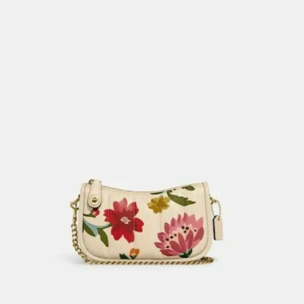 Coach Leather Swinger Bag 20 Quilting Small Handbag Floral Zip Beige Purse NEW - Picture 2 of 8